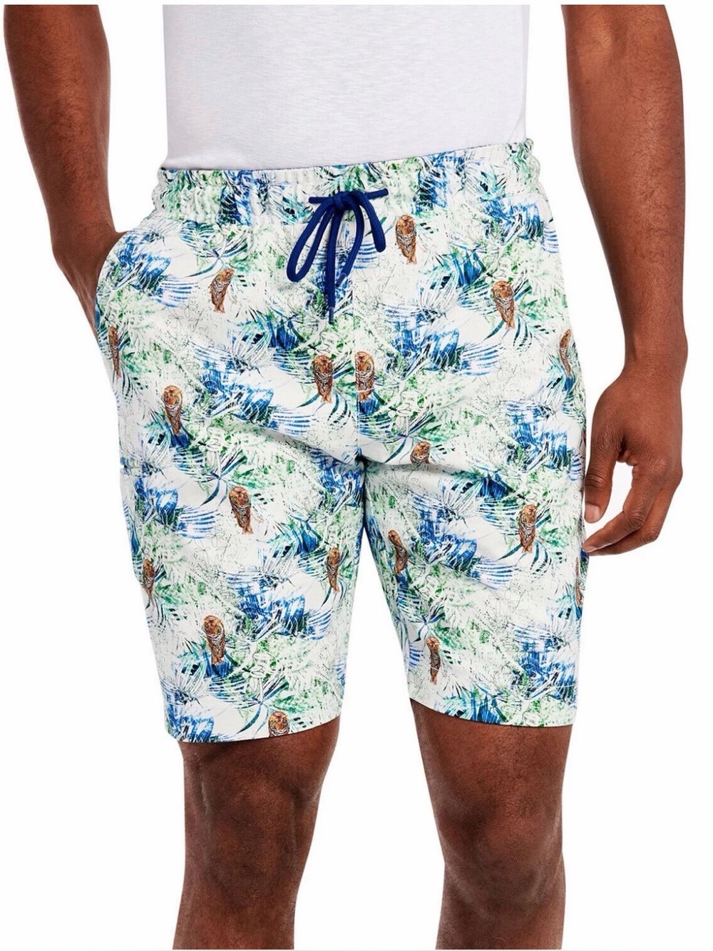 Tallia Men's Cotton Stretch Jungle Tiger Slim Fit Drawstring Shorts - Size Med
